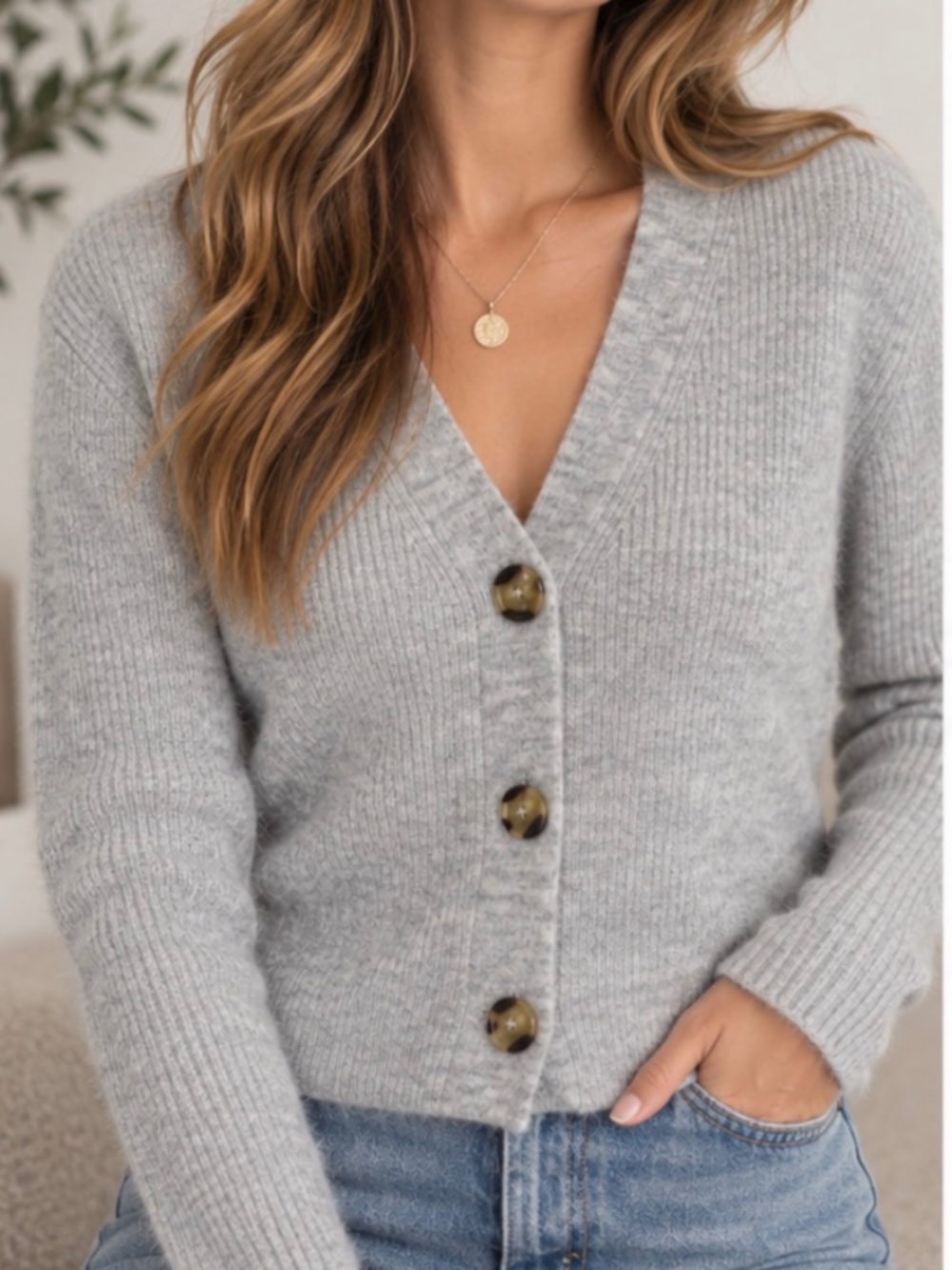 Quince Gray Ribbed V Neck Button Cardigan Sweater Size M
